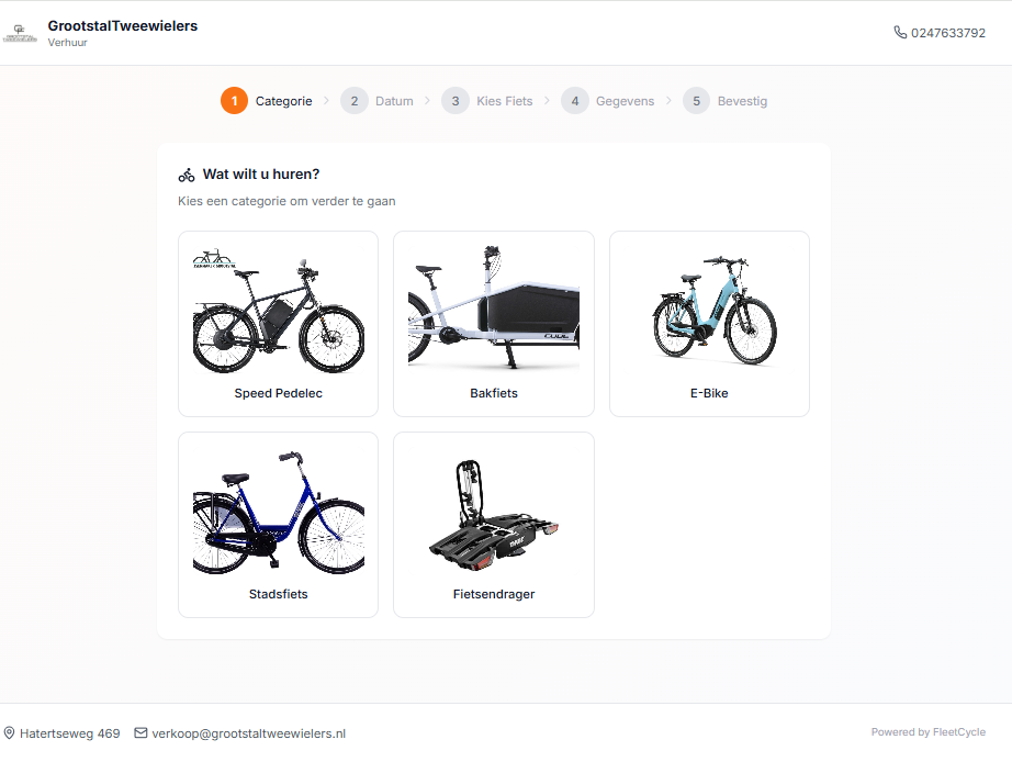 Online boekingswidget fietsverhuur met categorie selectie